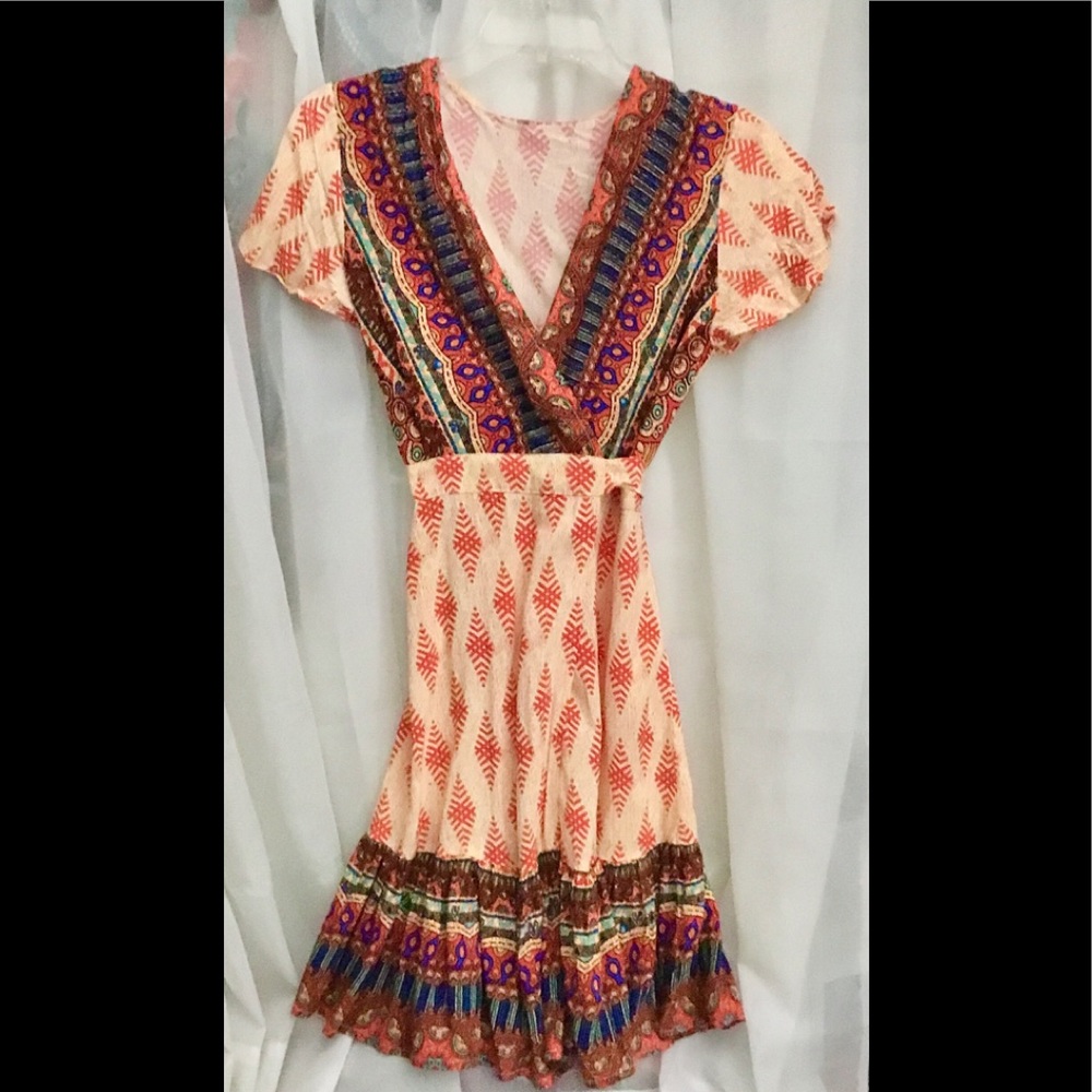Short Sleeve Colorful Printed Wrap Dress